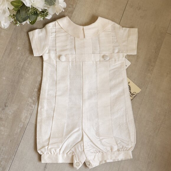 Boutique Other - Boy's Ivory Dupioni Silk Special Occasion Romper Bonnet Set Vintage Heirloom NWT